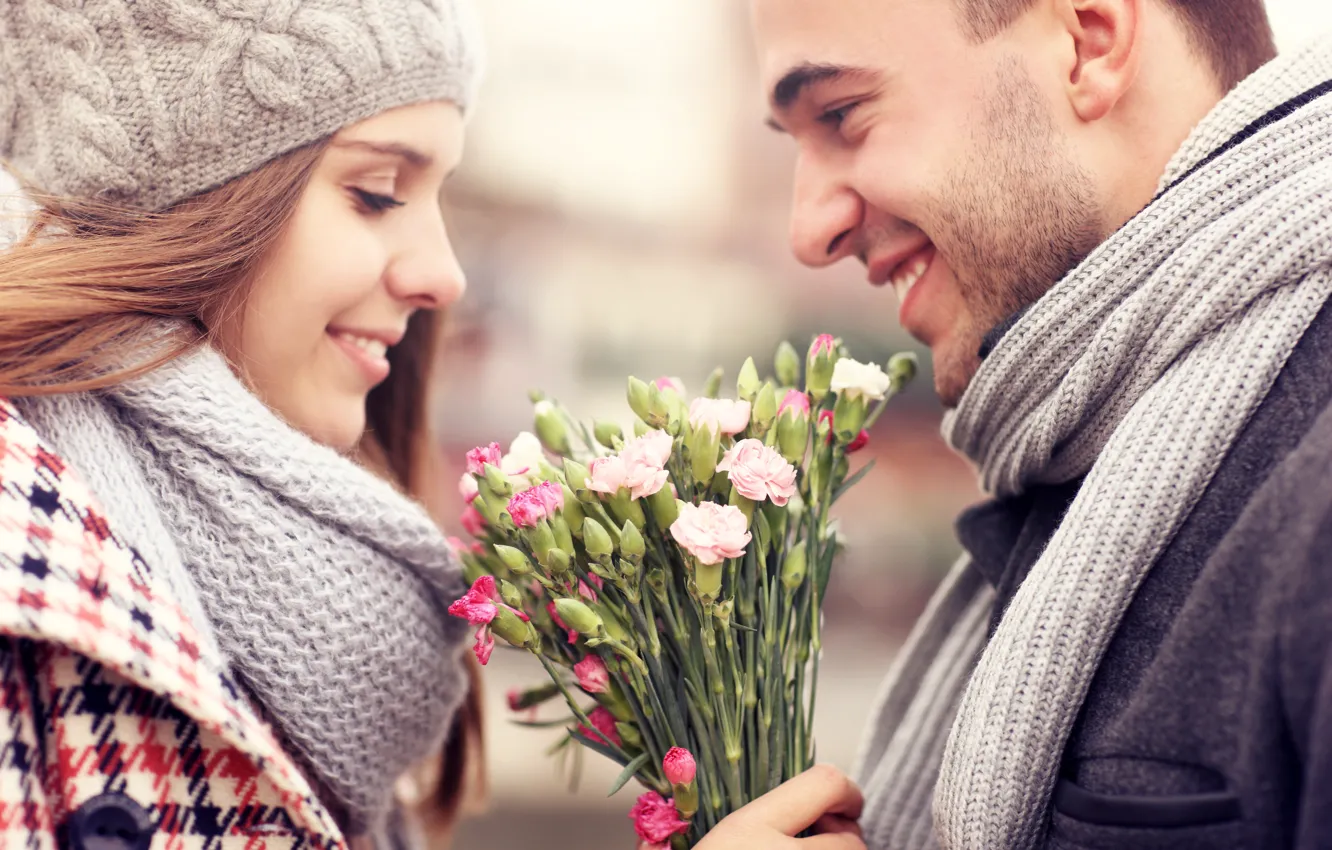 Photo wallpaper girl, flowers, smile, pair, guy