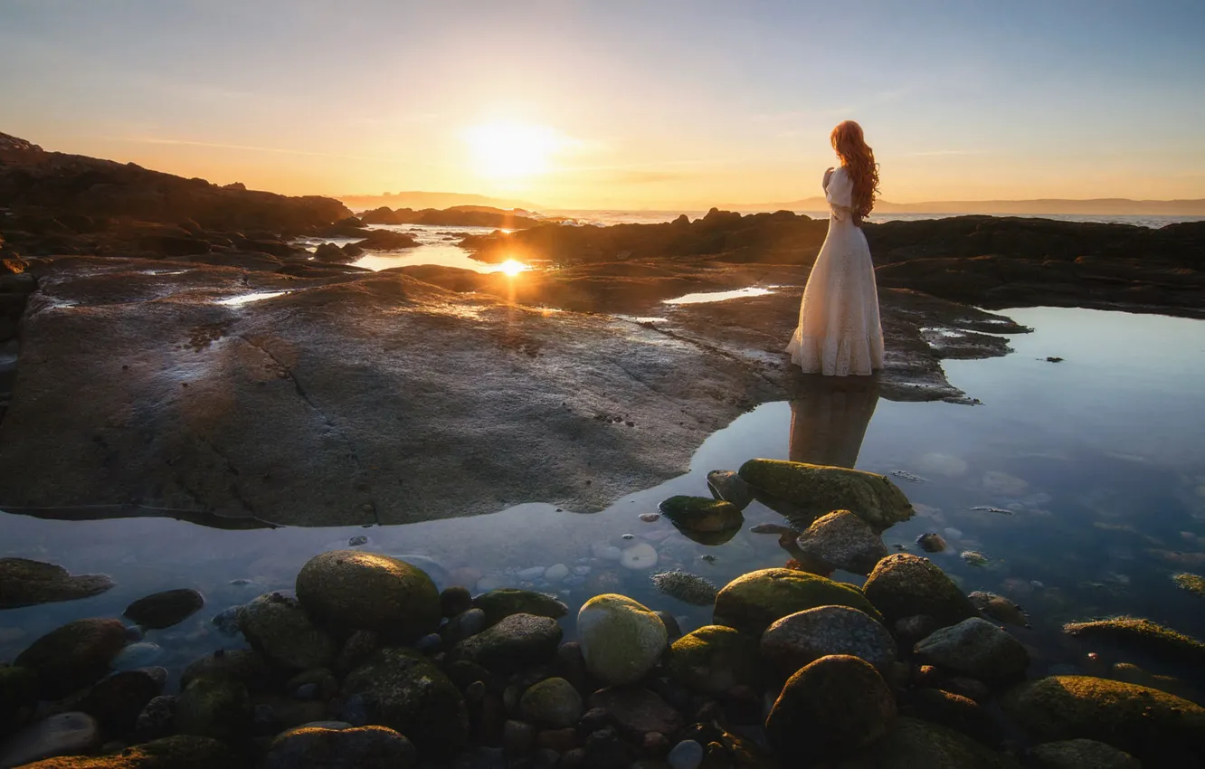 Photo wallpaper white, the sky, girl, the sun, clouds, sunset, nature, pose