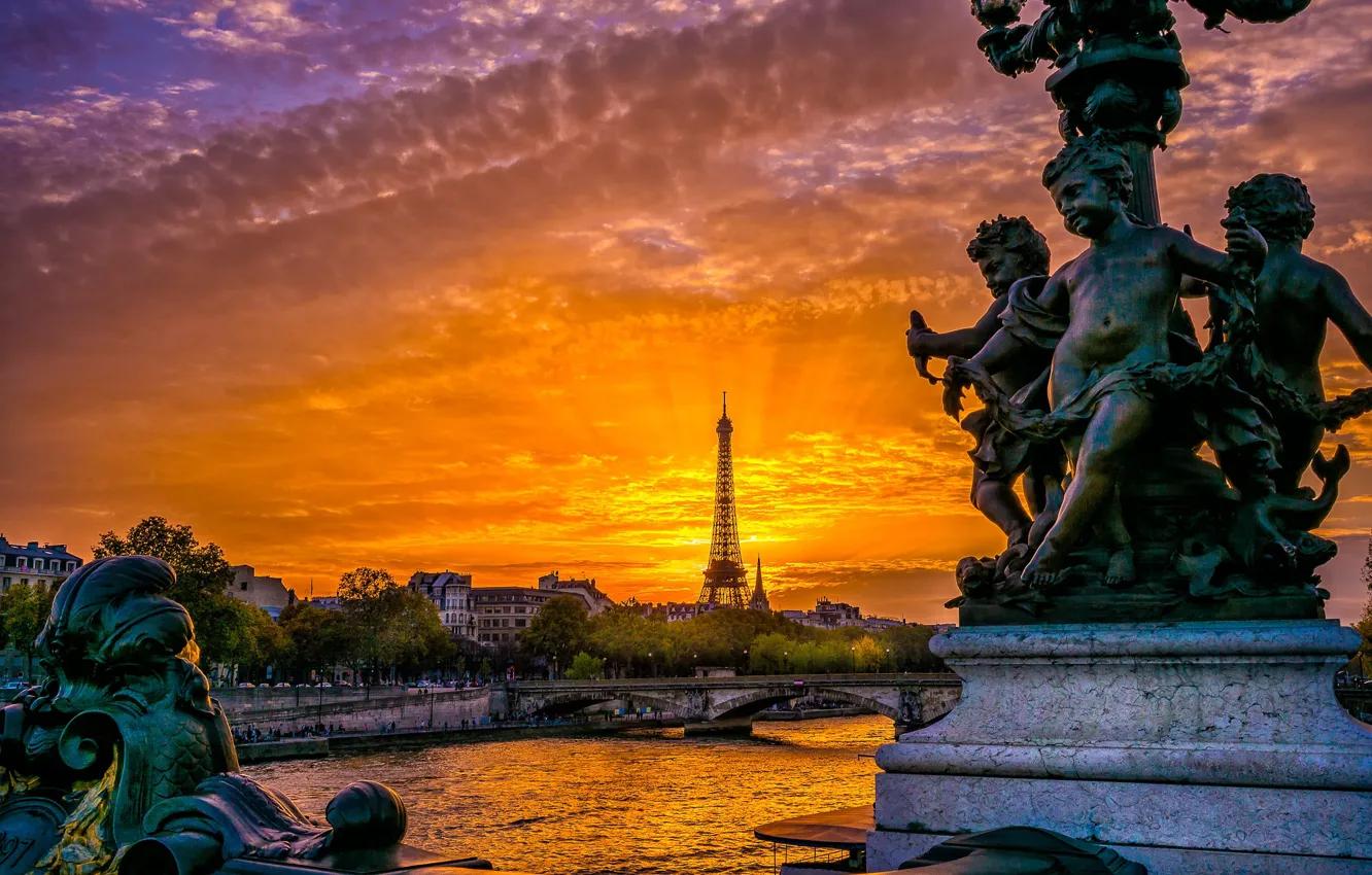Photo wallpaper sunset, bridge, the city, river, France, Paris, the evening, Eiffel tower