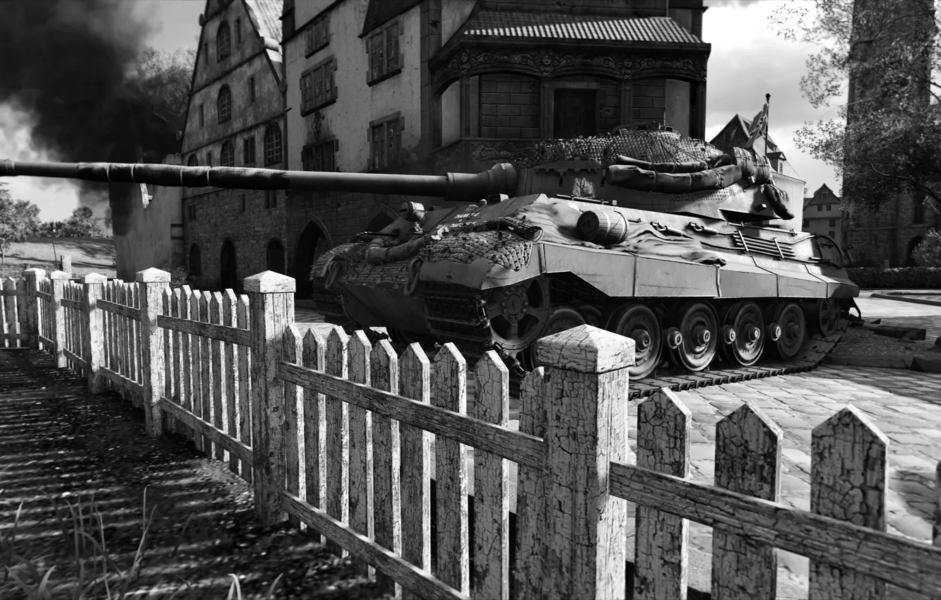Photo wallpaper black & white, HDR, game, smoke, tiger, fence, houses, WoT