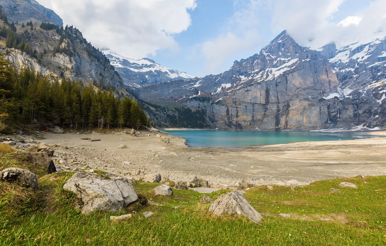 Photo wallpaper forest, beach, the sky, grass, clouds, snow, mountains, lake
