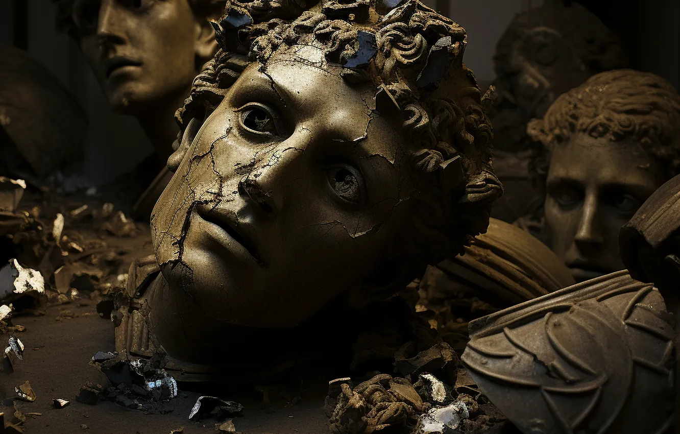 Photo wallpaper the dark background, head, sculpture, bust, broken, digital art, AI art, The Art of Artificial …