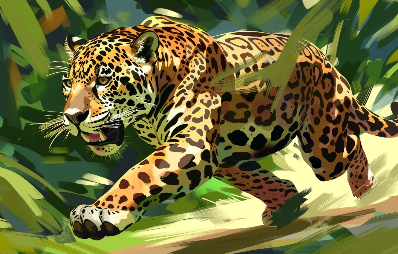 Photo wallpaper predator, running, Jaguar, big cat, digital art, imitation painting, AI art, The Art of Artificial …