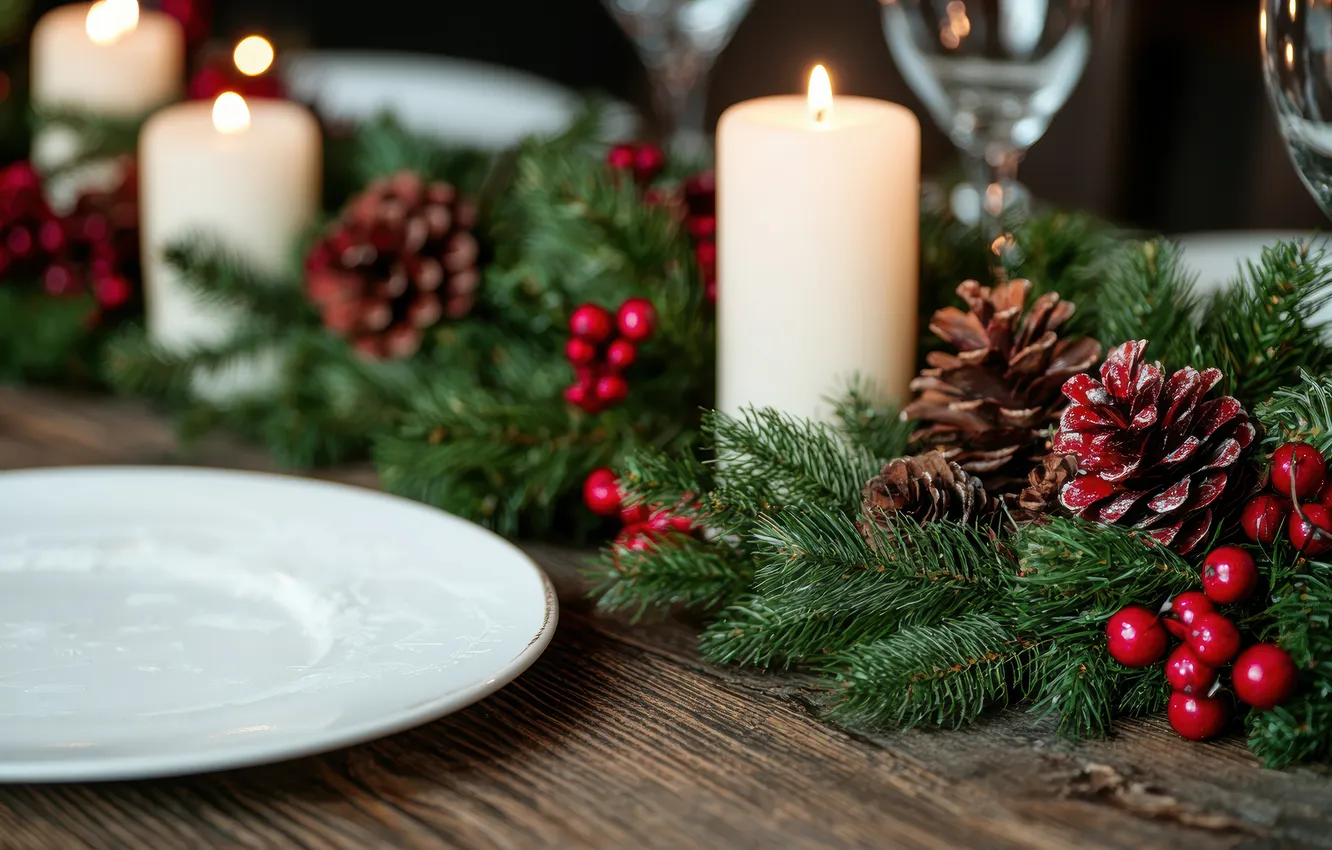 Photo wallpaper branches, table, Board, glass, new year, candles, plate, Christmas
