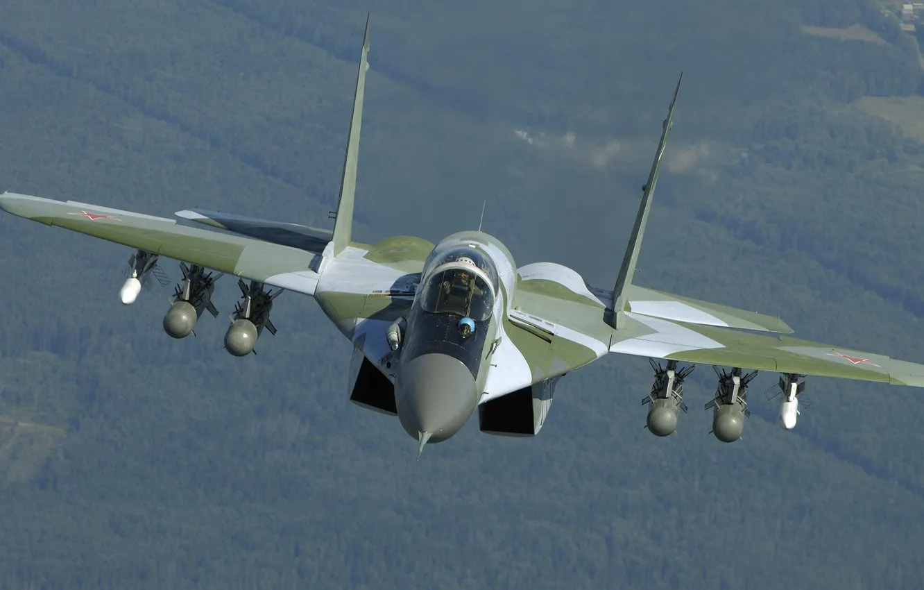 Photo wallpaper aircraft, flying, MiG-29, camouflage, jet fighter