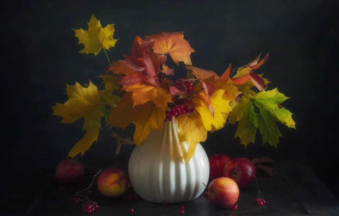 Photo wallpaper autumn, leaves, branches, berries, table, apples, bouquet, yellow