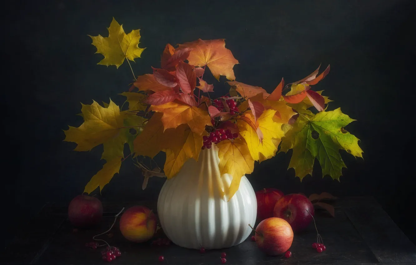 Photo wallpaper autumn, leaves, branches, yellow, red, green, berries, table
