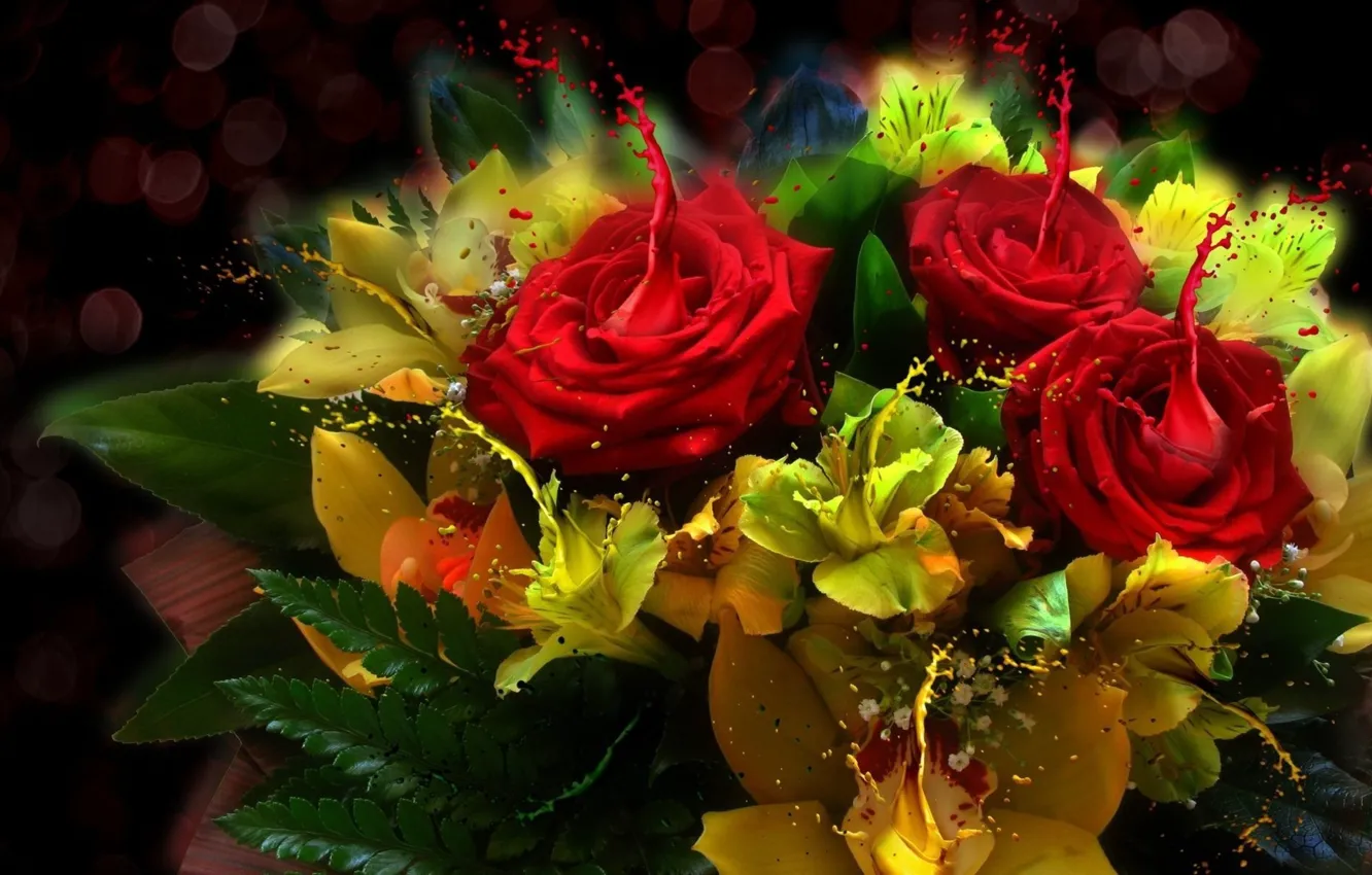 Photo wallpaper light, style, paint, roses, bouquet, leaves