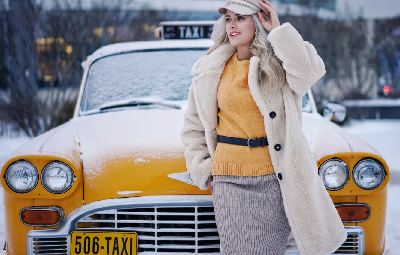 Photo wallpaper winter, machine, girl, snow, taxi, Olga, Sergey Churnosov