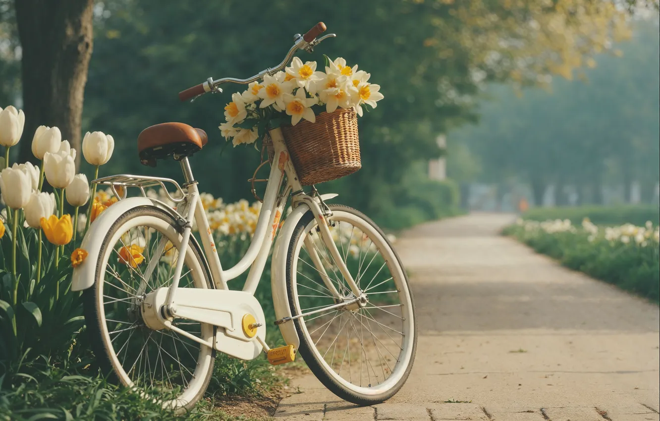 Photo wallpaper summer, flowers, bike, retro, chamomile, spring, summer, sunshine