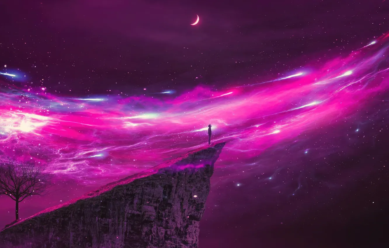 Photo wallpaper dreams, tree, the universe, a month, galaxy, universe, moon, purple