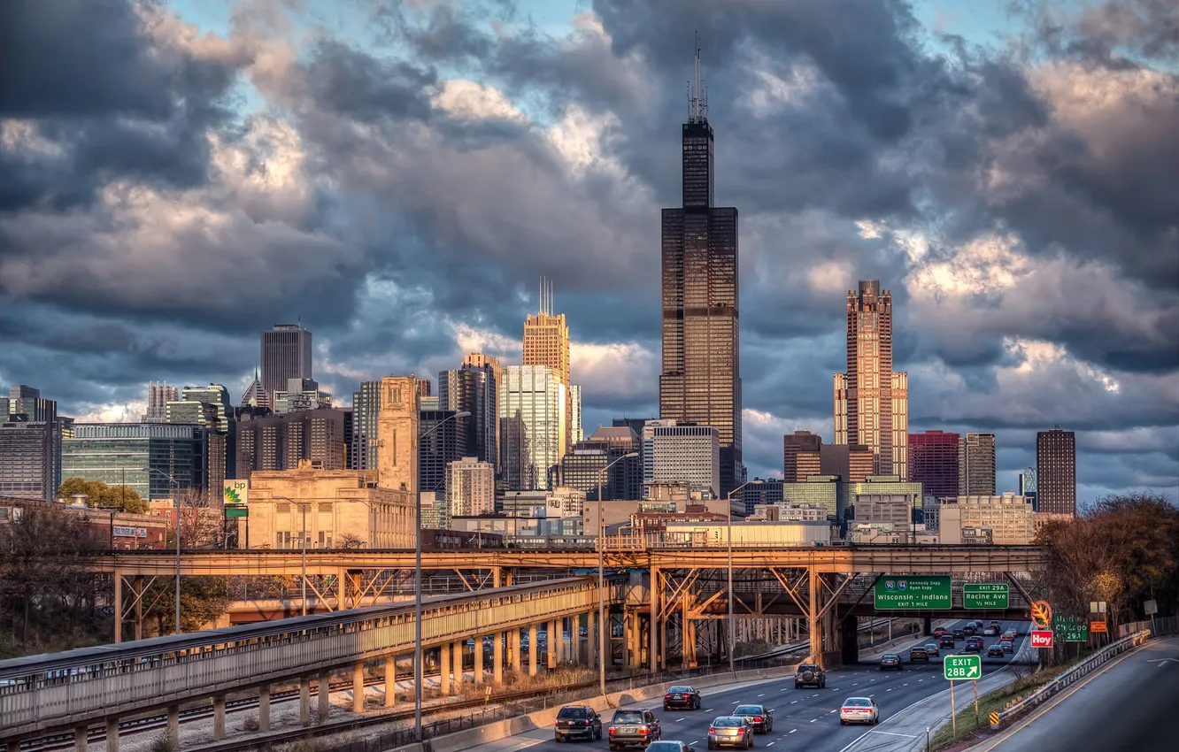 Photo wallpaper the city, skyscrapers, Chicago, USA, Il, Chicago, Illinois, railway road