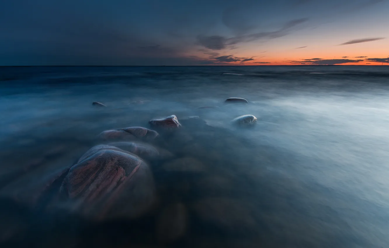 Photo wallpaper water, stones, the ocean, dawn, horizon, twilight