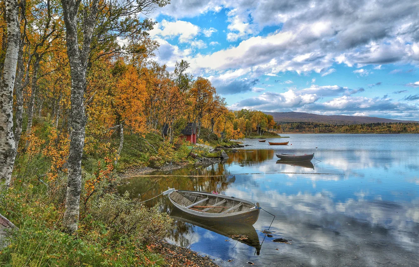 Photo wallpaper autumn, trees, river, boat, house
