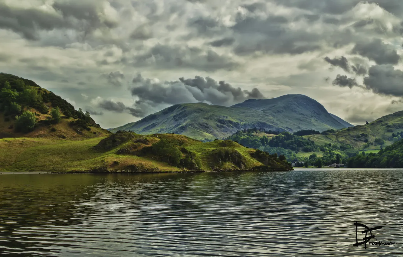 Photo wallpaper forest, water, clouds, clouds, lake, hills, the gray sky