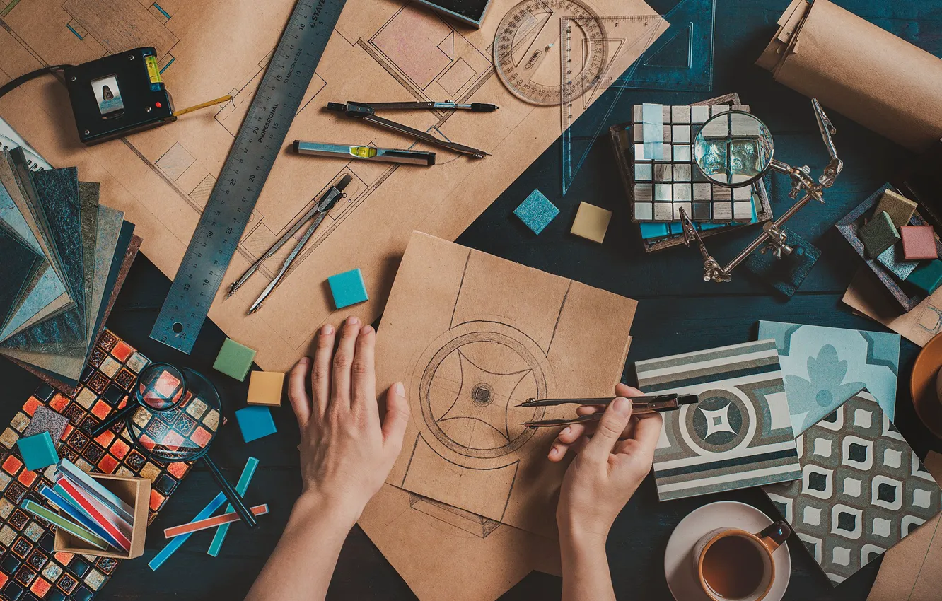 Photo wallpaper design, leather, hand, creativity, Designer, Illustrations, sketches, Compas