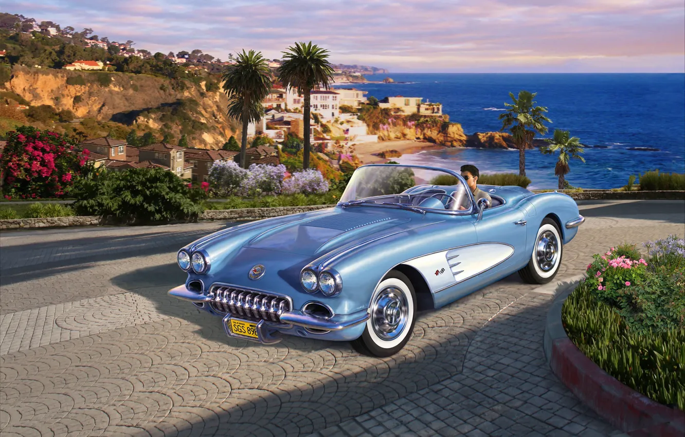 Photo wallpaper driver, Roadster, double, car, Corvette, 1958