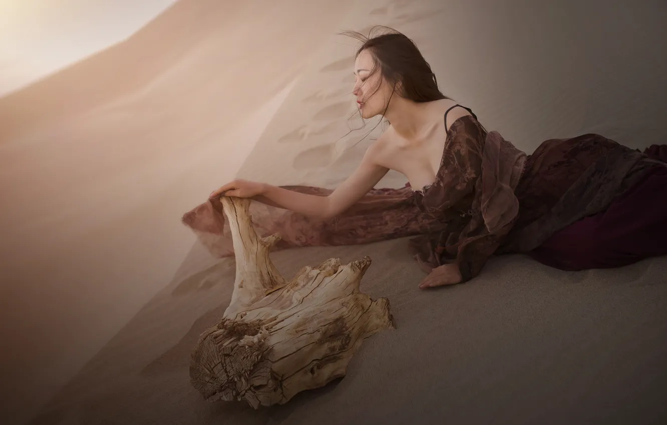 Photo wallpaper sand, girl, pose, desert, dress, brunette, dunes, costume