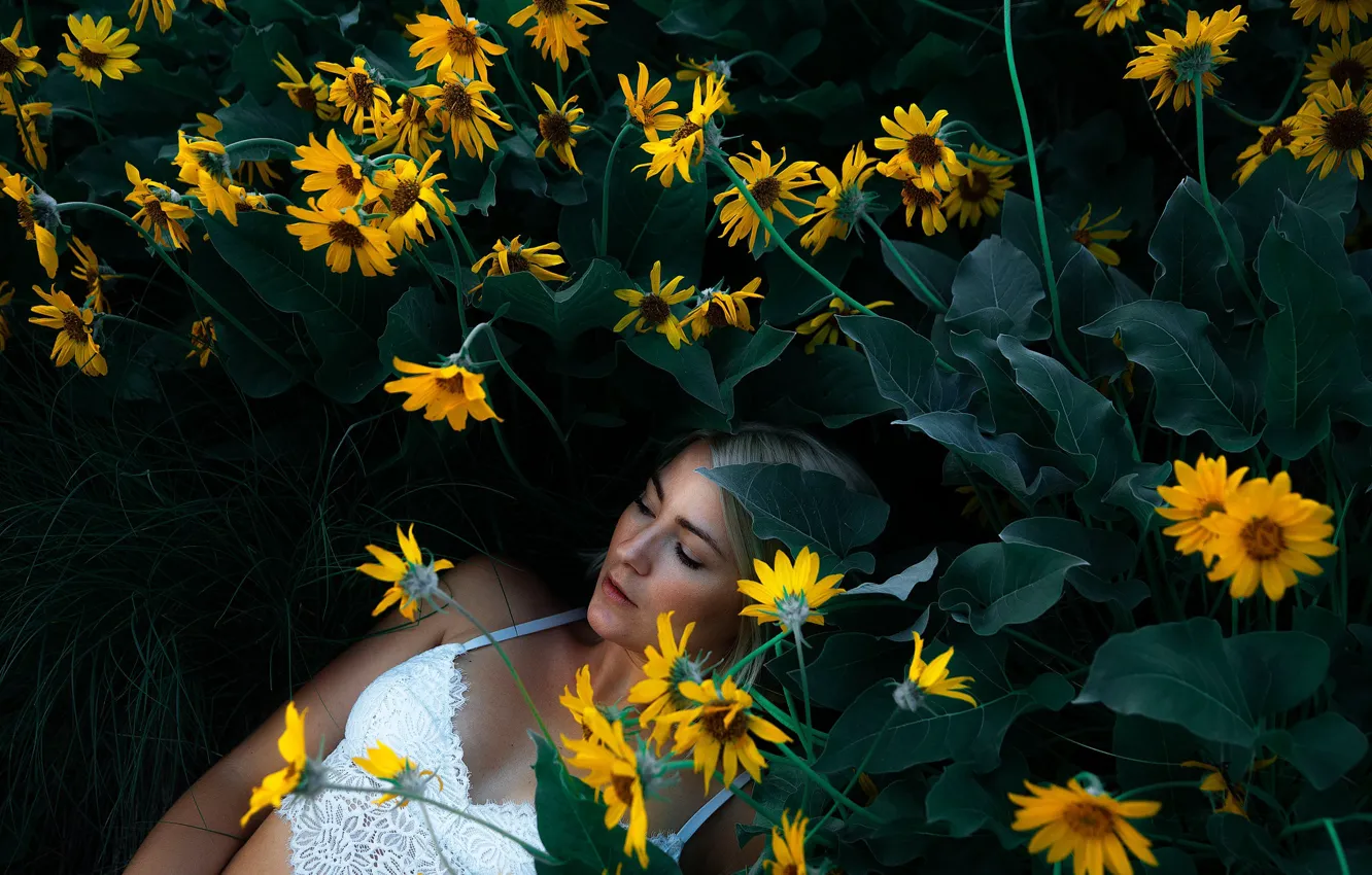 Photo wallpaper girl, flowers, yellow, lies