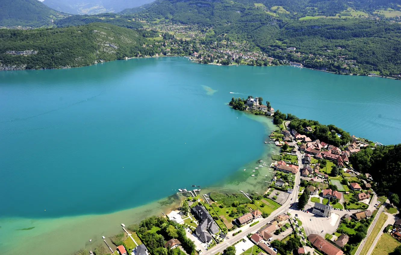 Photo wallpaper mountains, the city, lake, France, the lake of Annecy, aerial photo