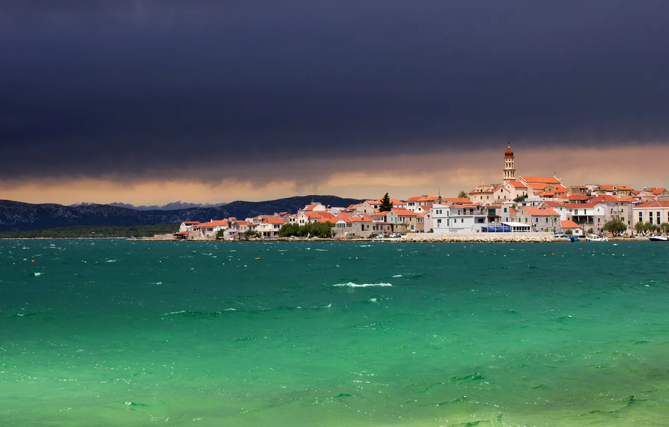 Photo wallpaper roof, sea, the sky, mountains, clouds, the city, shore, view