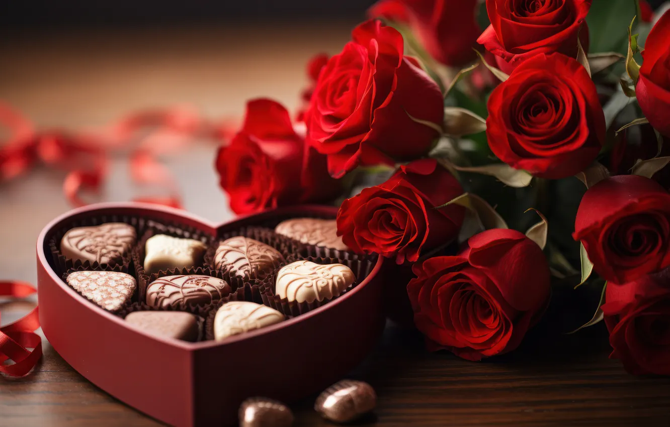 Photo wallpaper Valentine's day, red, flowers, holiday, bouquet, AI art, heart, hearts