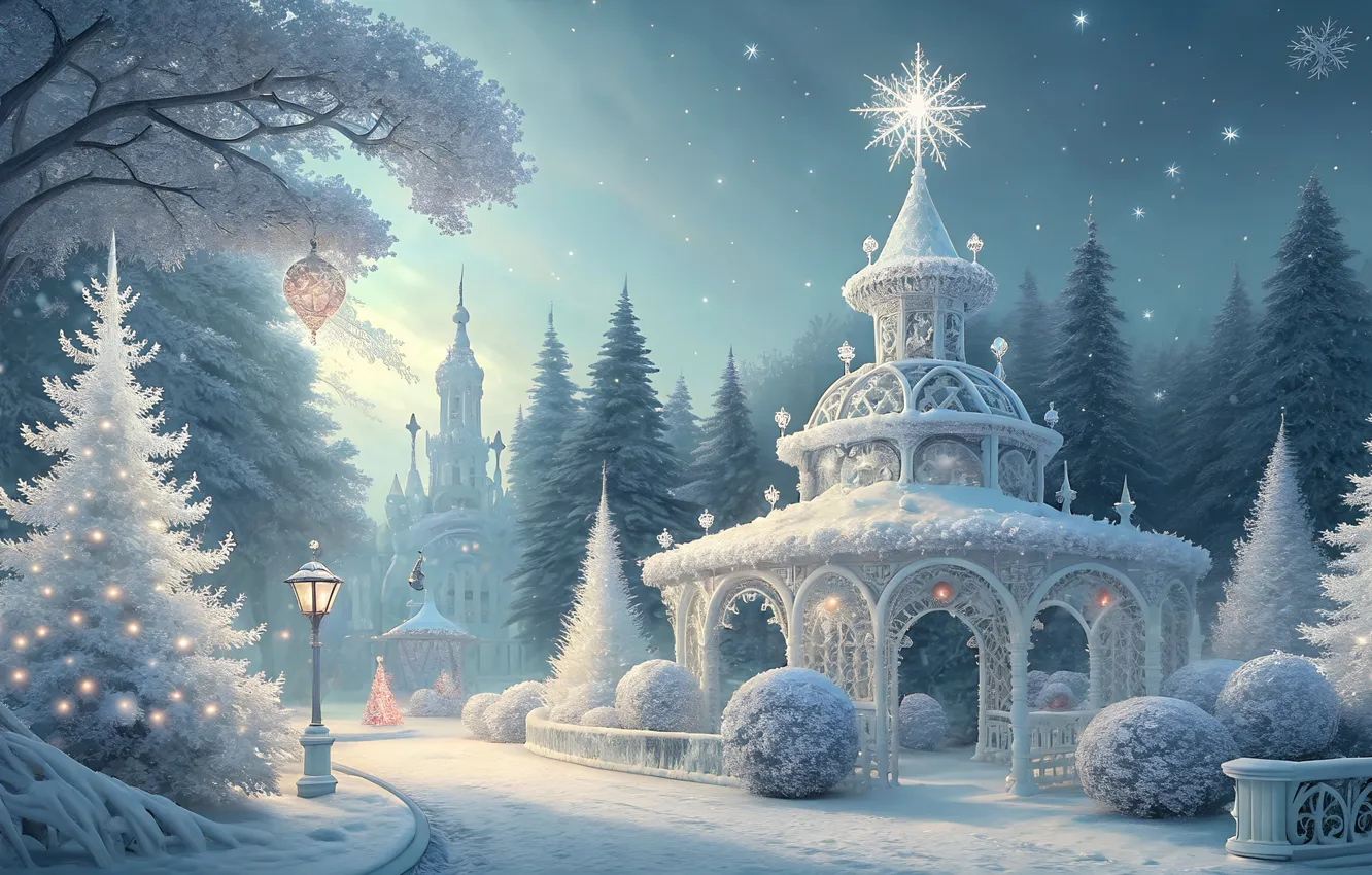 Photo wallpaper winter, snow, castle, gazebo, AI art, neural network
