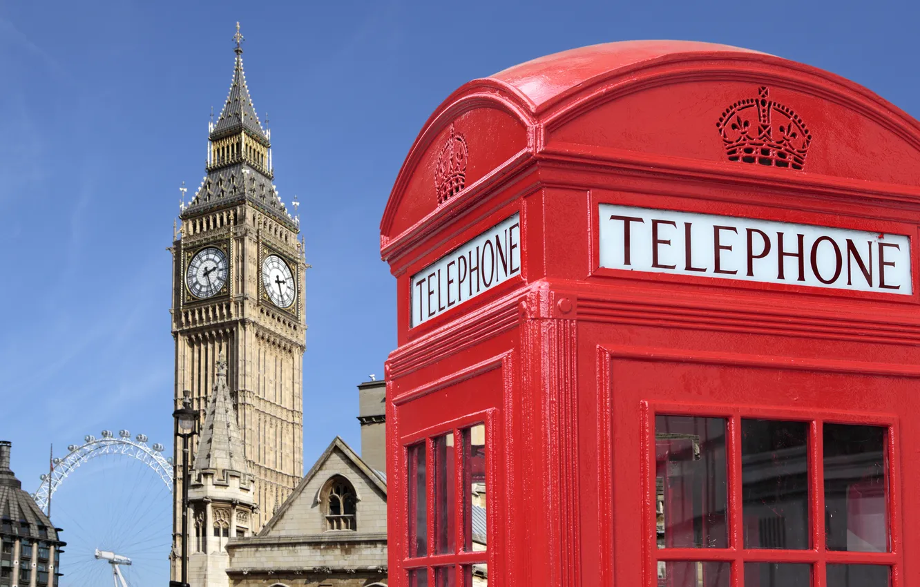 Photo wallpaper city, England, London, symbol, red, phone booth, street, London