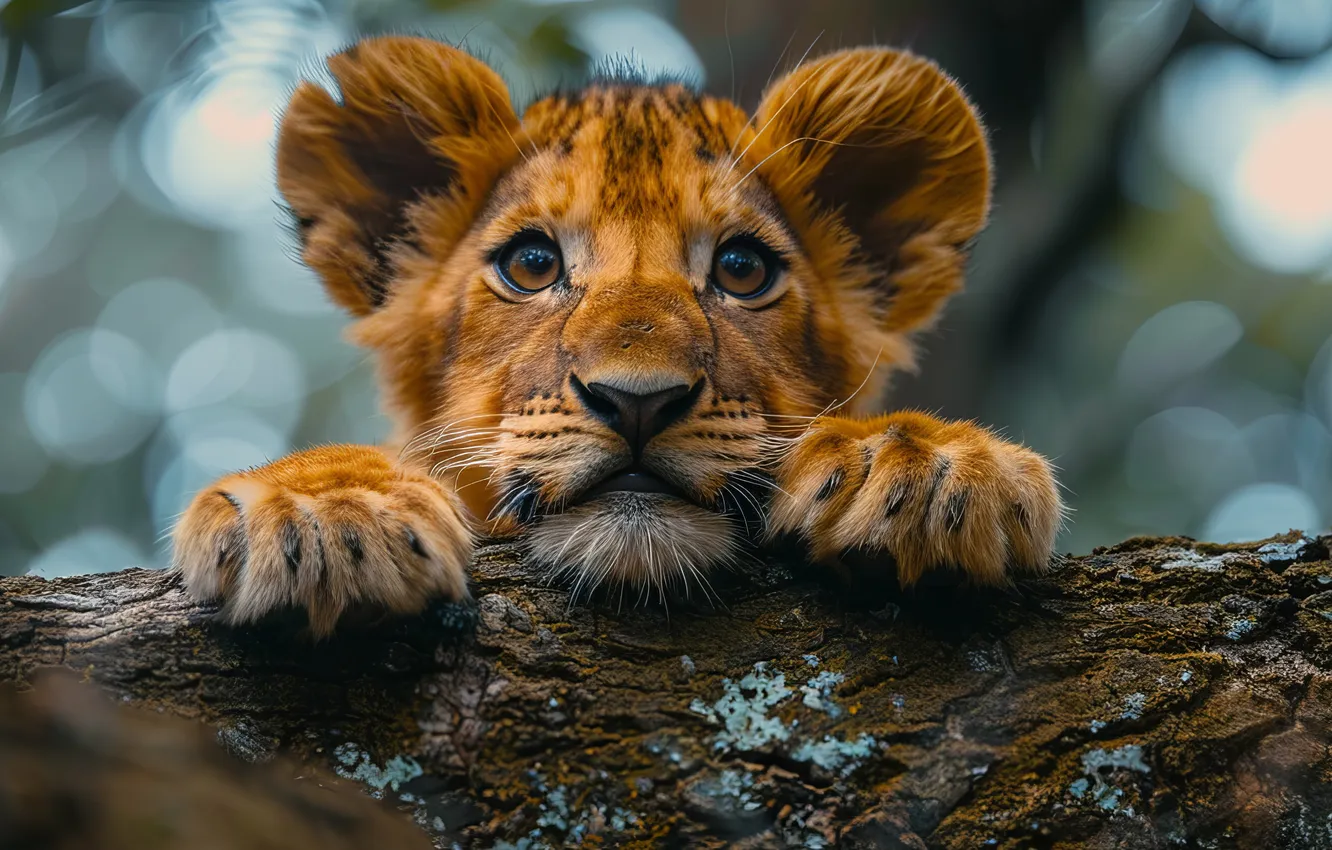 Photo wallpaper look, trees, cub, kitty, face, lion, big cat, digital art
