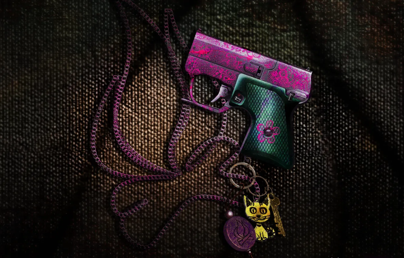 Photo wallpaper the storm, game, gun, weapons, pink, children, the fire, art