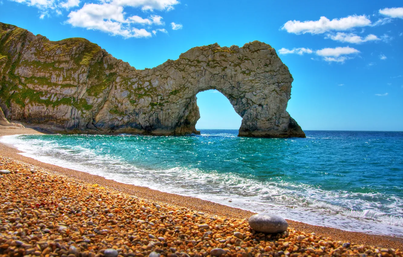 Photo wallpaper sea, beach, the sky, clouds, nature, rocks, arch, stones