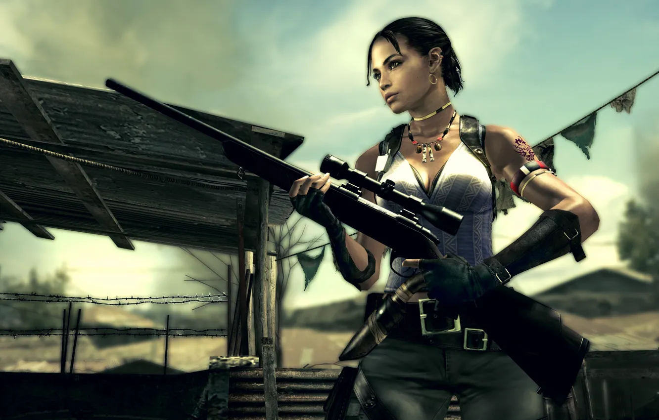 Photo wallpaper girl, tattoo, knife, sniper, rifle, Sergi, Resident Evil, Sheva Alomar