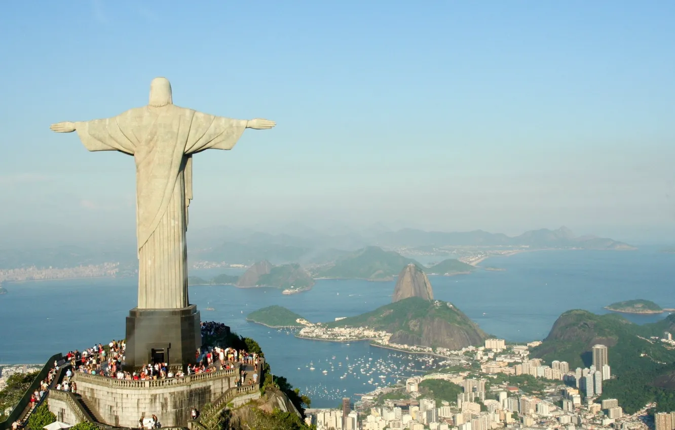 Photo wallpaper the sky, Statue, panorama, Rio de Janeiro, Brazil, Cristo Redentor, Brasil, seaview