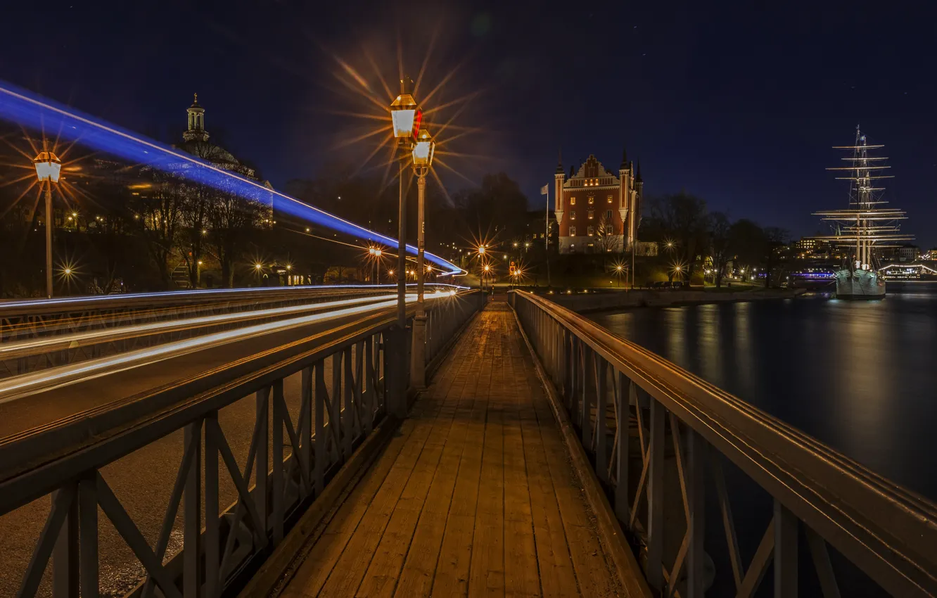 Photo wallpaper night, bridge, the city, river, home, Stockholm, Sweden, Street lights