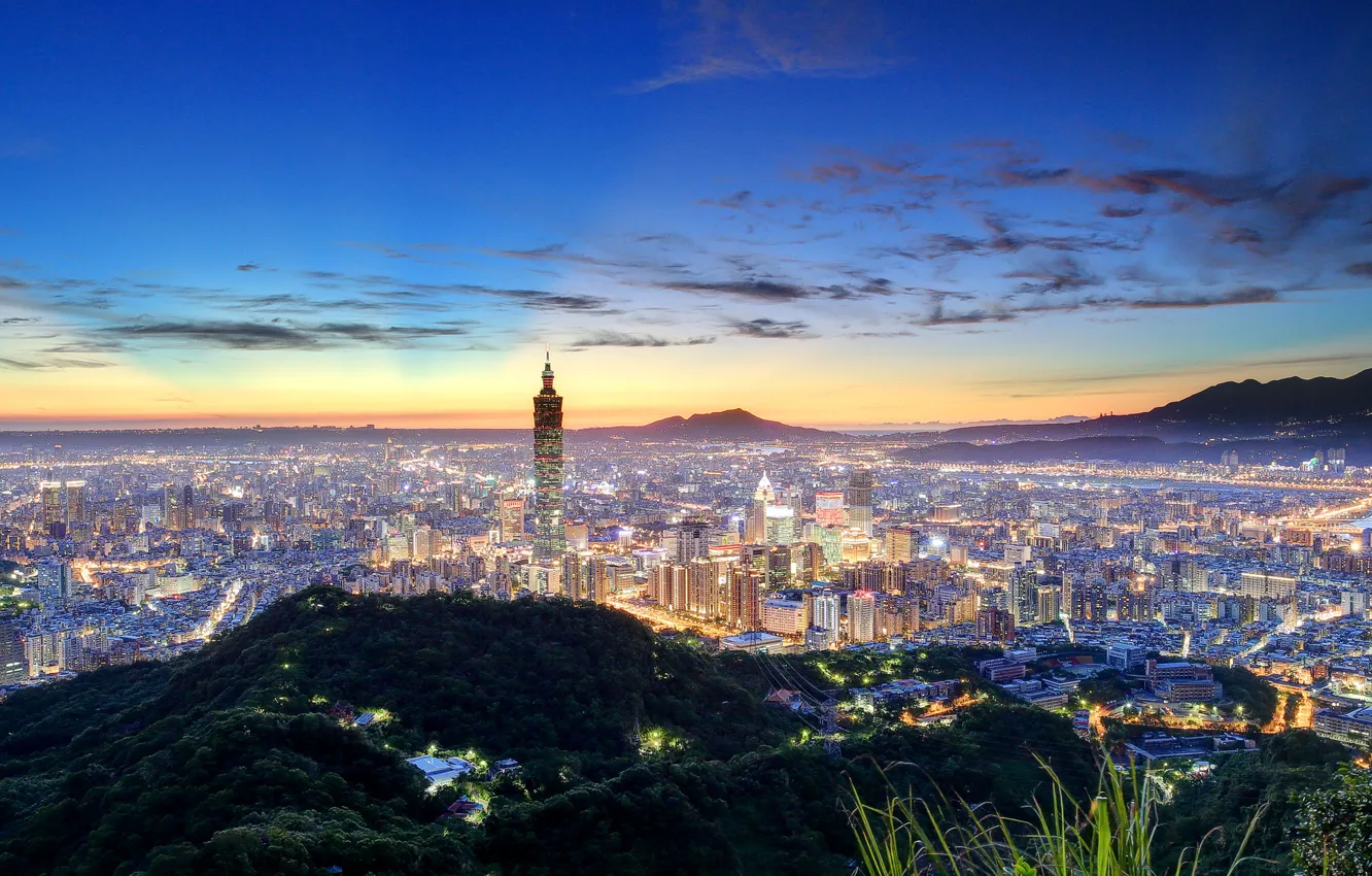 Photo wallpaper China, panorama, China, Taiwan, night city, Taipei, Taiwan, Taipei