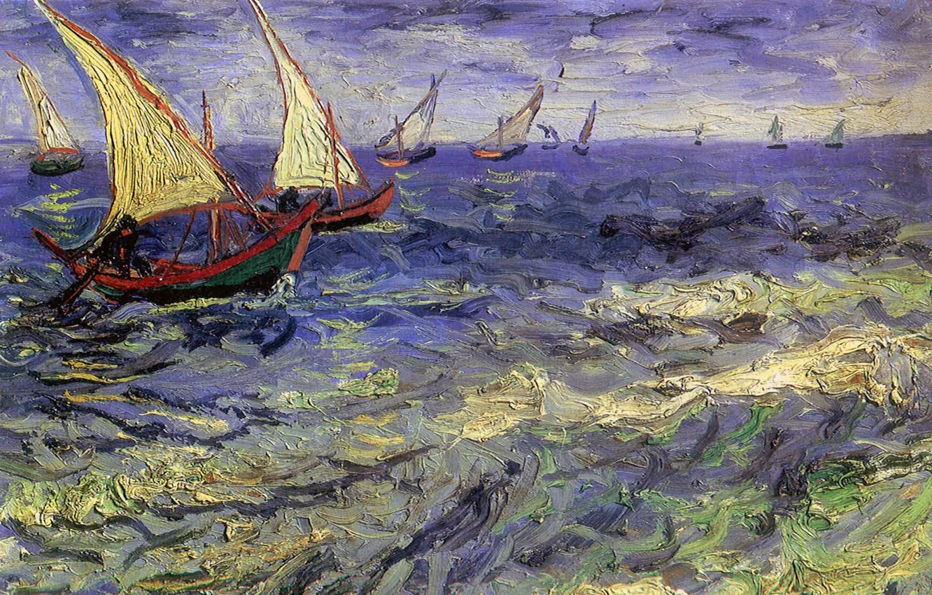 Photo wallpaper sea, wave, the sky, landscape, boat, picture, Vincent Van Gogh