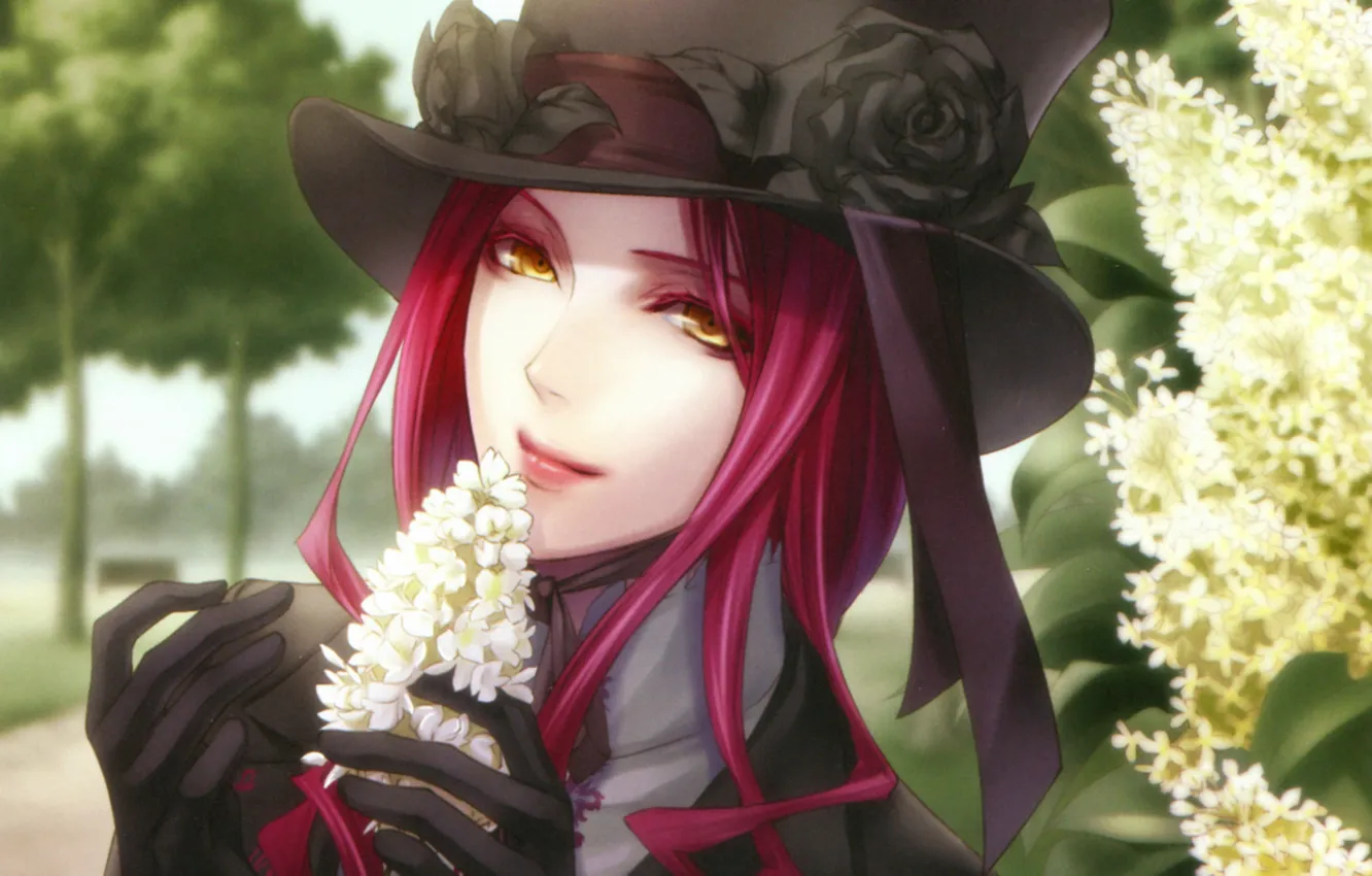 Photo wallpaper gloves, art, cylinder, will o`wisp, gyl, kageoru usuba, black roses, white lilac