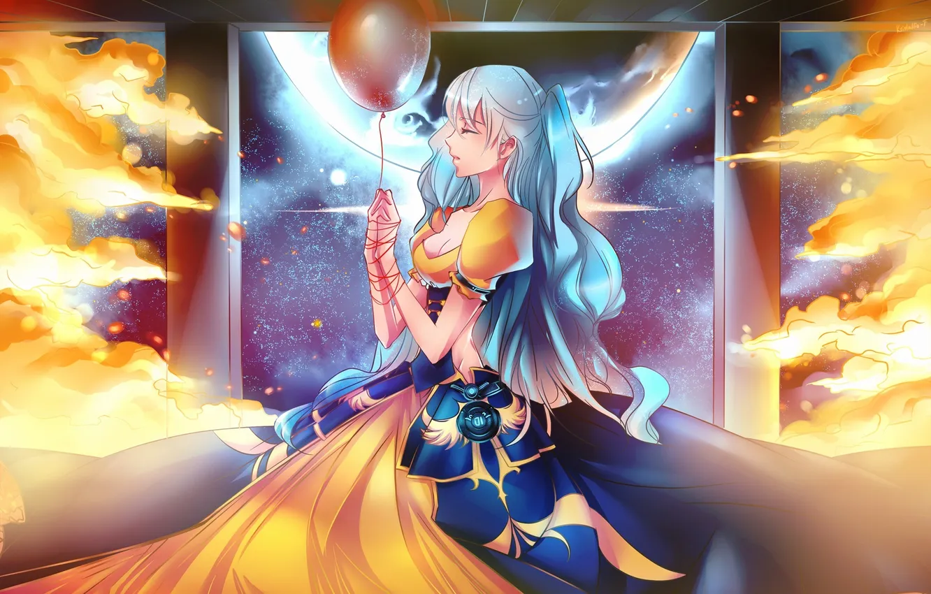 Photo wallpaper girl, lights, the moon, art, columns, vocaloid, thread, a balloon