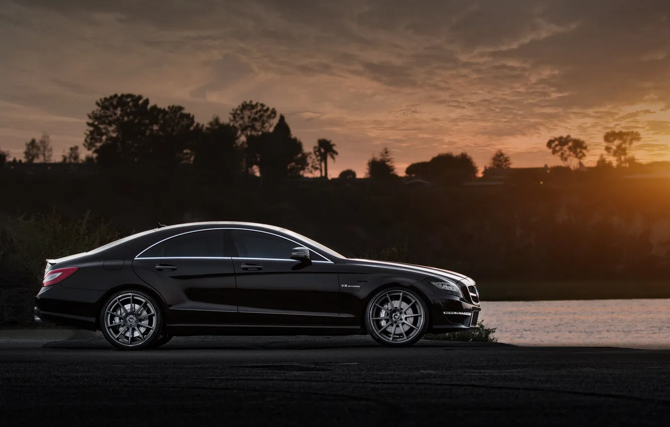 Photo wallpaper sunset, black, shore, Mercedes-Benz, black, Mercedes Benz, CLS-class, C218