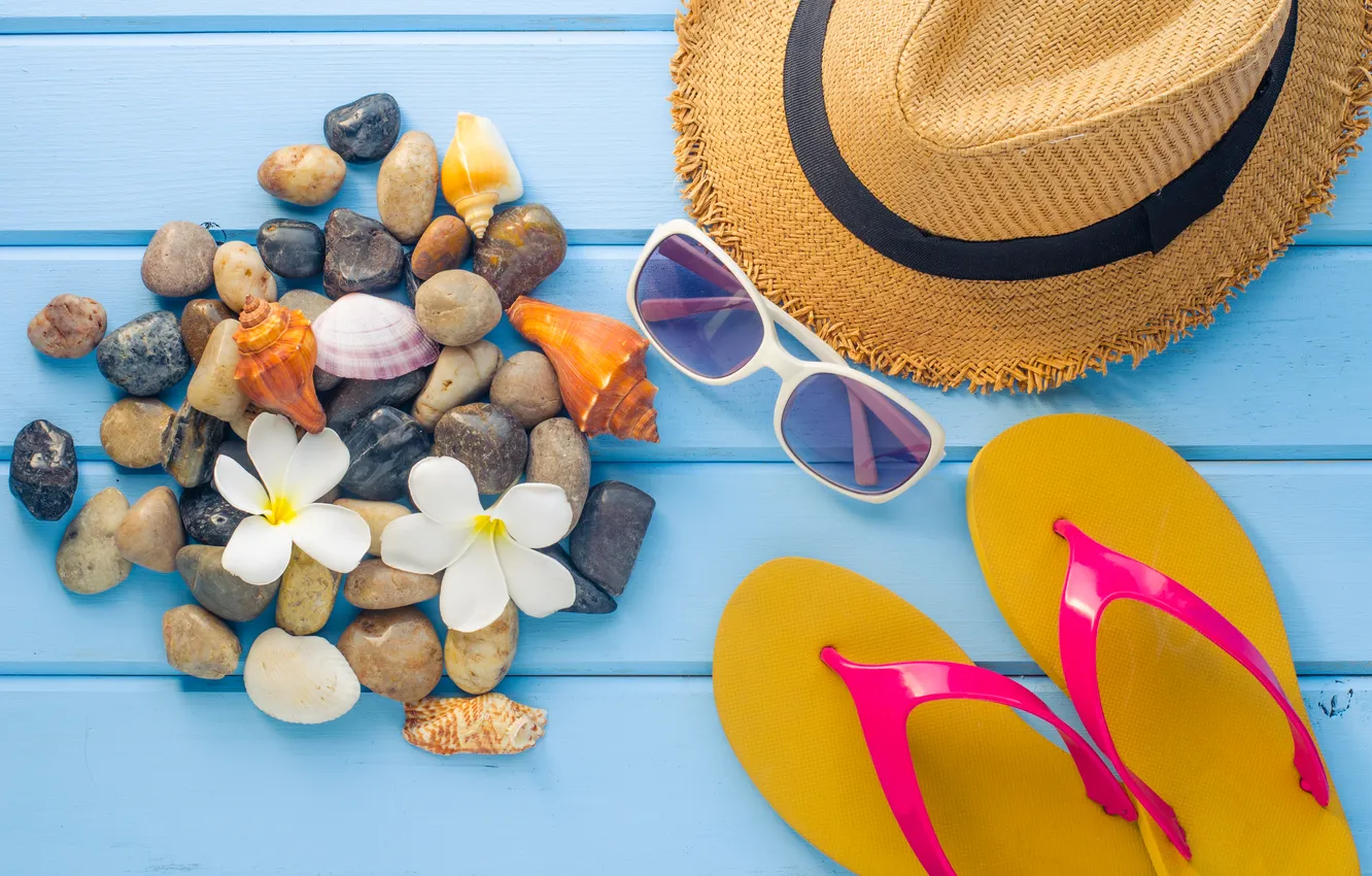 Photo wallpaper vacation, hat, glasses, shell, beach, hat, slates, vacation