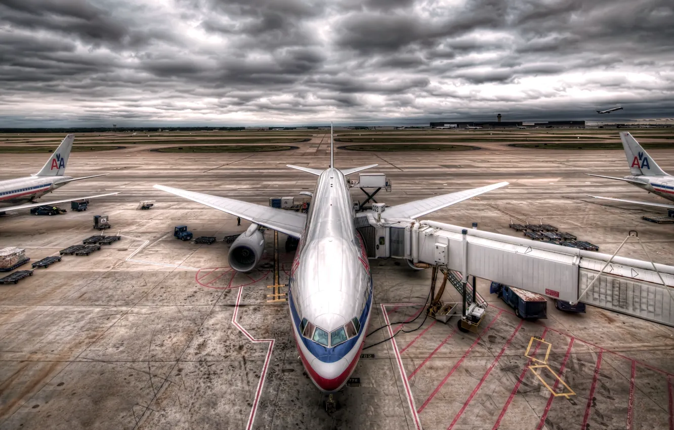 Photo wallpaper The plane, Clouds, Airport, Wings, Boeing, Aviation, 777, Overcast