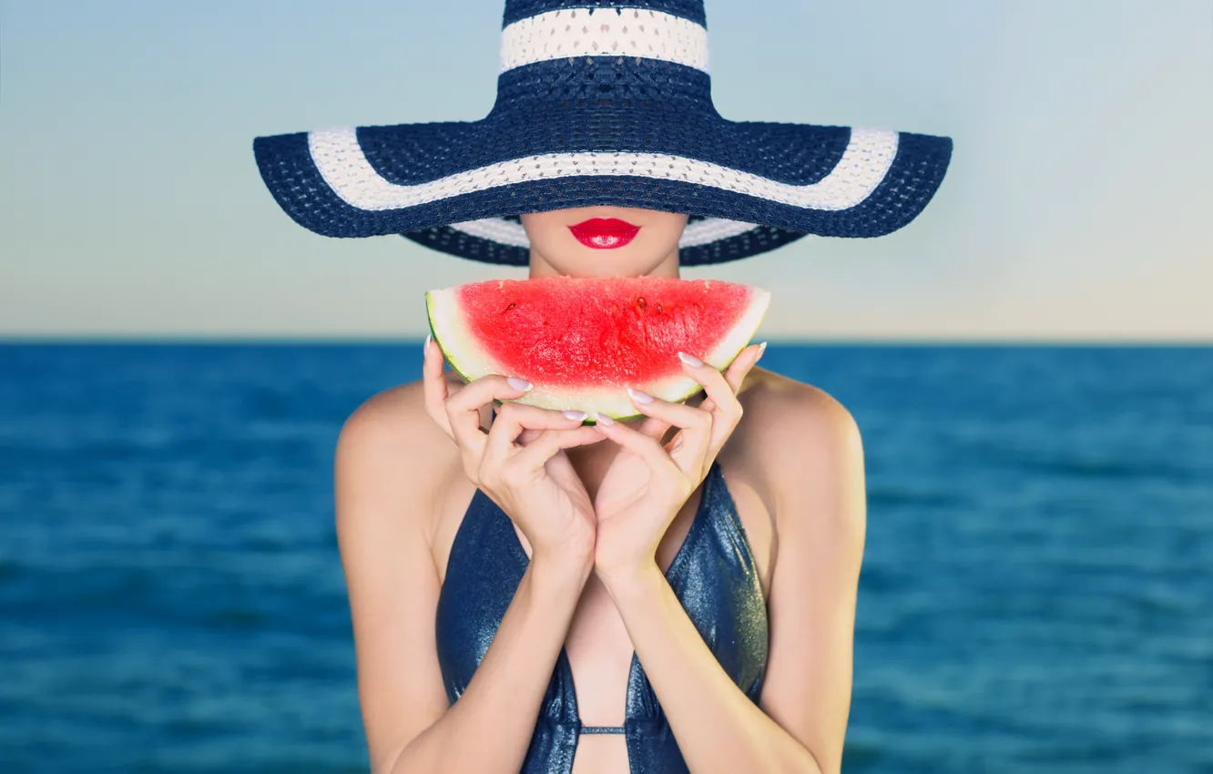 Photo wallpaper sea, girl, hat, makeup, watermelon, horizon, lips