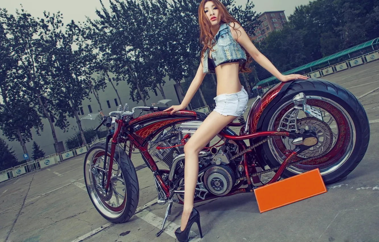 Photo wallpaper look, Girls, Asian, beautiful girl, red motorcycle, posing on motocycle