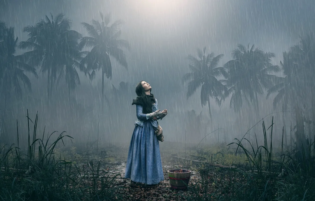 Photo wallpaper girl, palm trees, rain