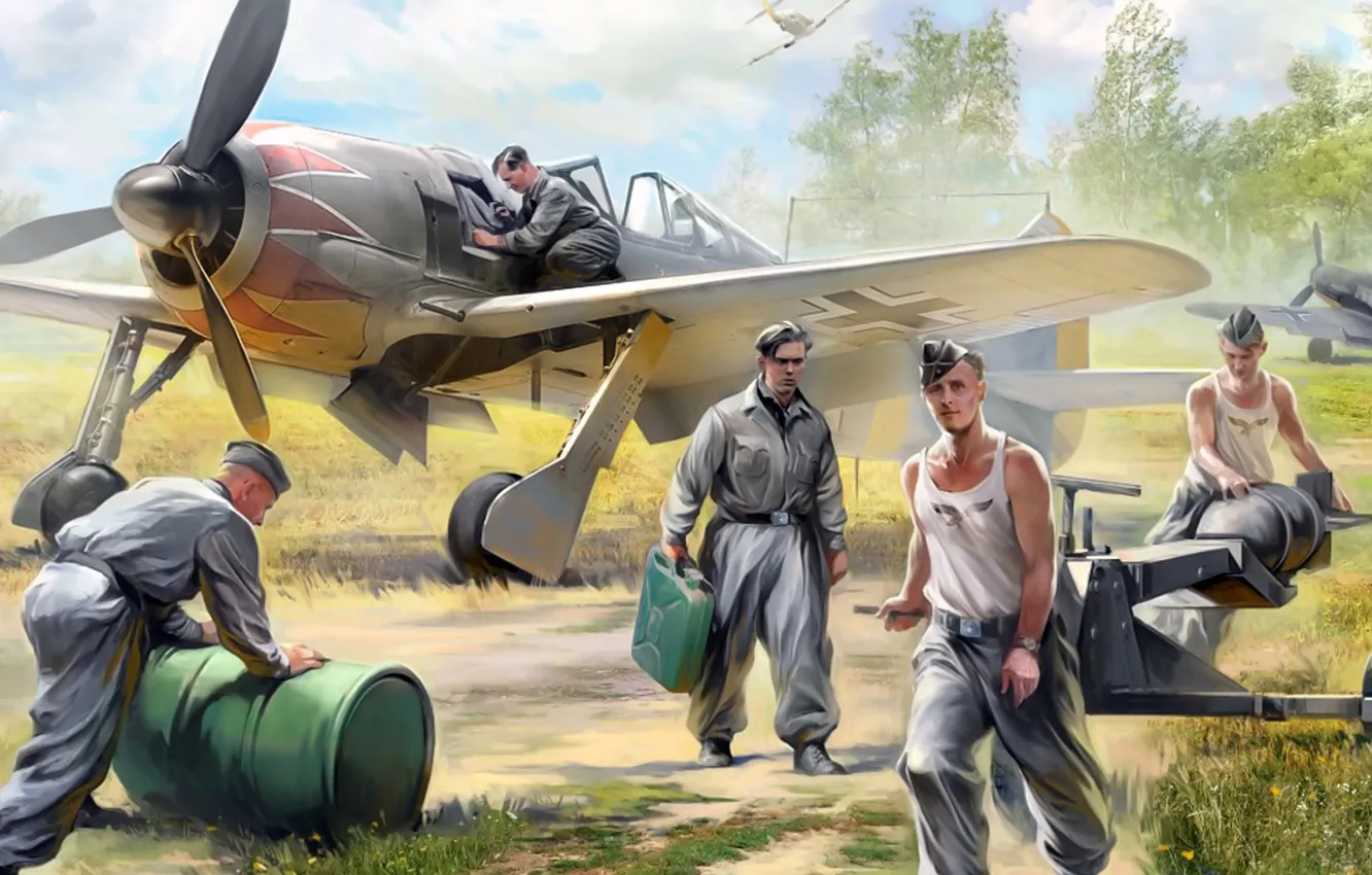 Photo wallpaper figure, The airfield, FW-190, German air force ground crew, Aviation equipment, German aircraft