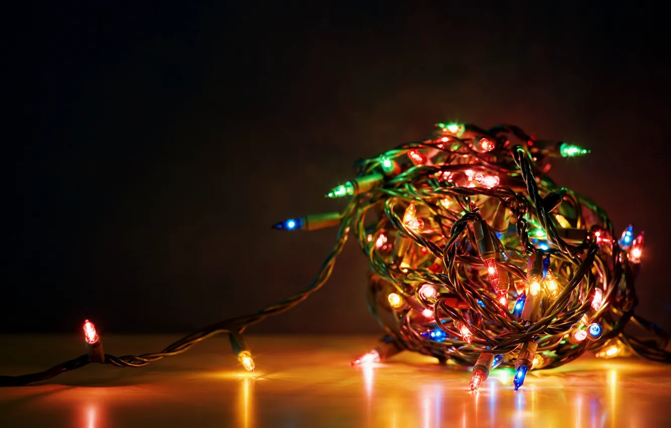 Photo wallpaper wire, new year, light bulb red blue yellow, Garland, tiresome to untangle the wires from …
