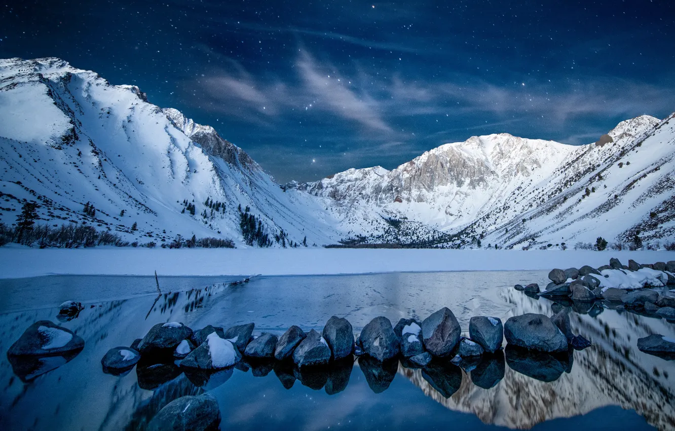 Photo wallpaper winter, the sky, stars, snow, mountains, night, lake, stones