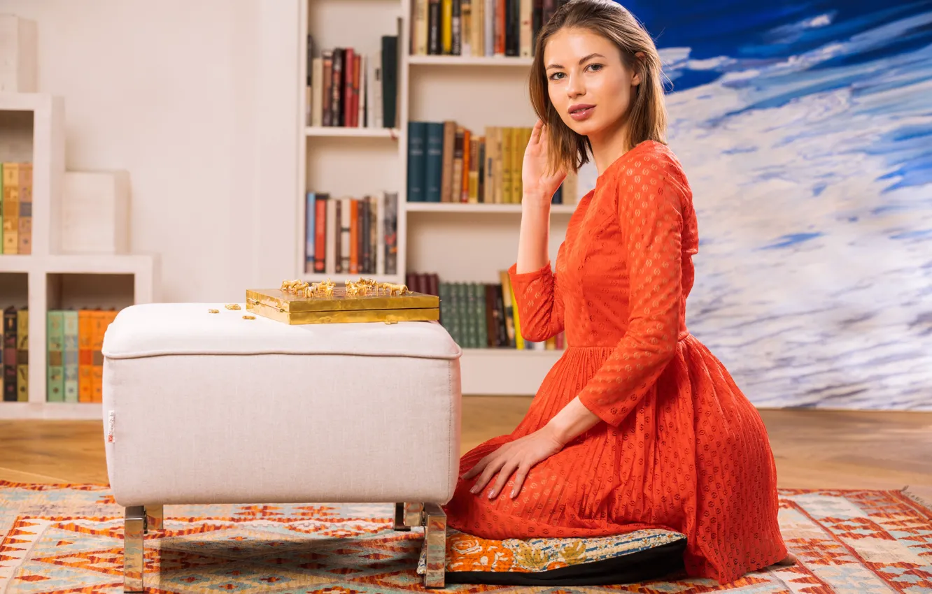 Photo wallpaper hot girl, brown hair, short hair, model, painting, living room, sexy woman, books