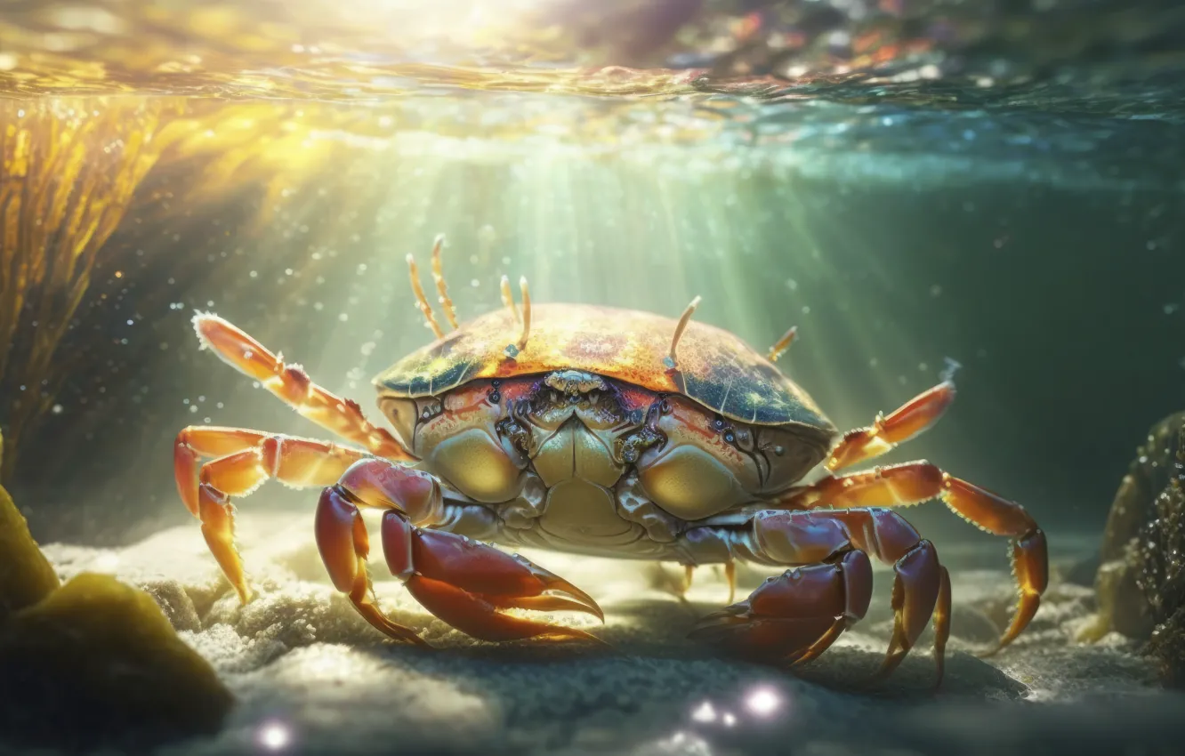 Photo wallpaper look, shore, crab, sea, claws, AI art, neural network