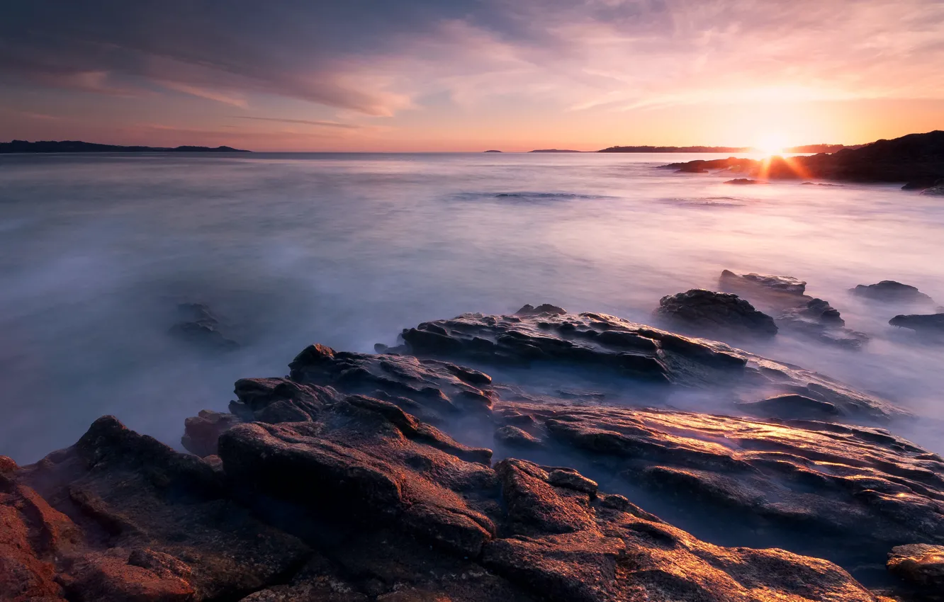 Photo wallpaper sea, the sky, the sun, clouds, rays, sunset, stones, dawn